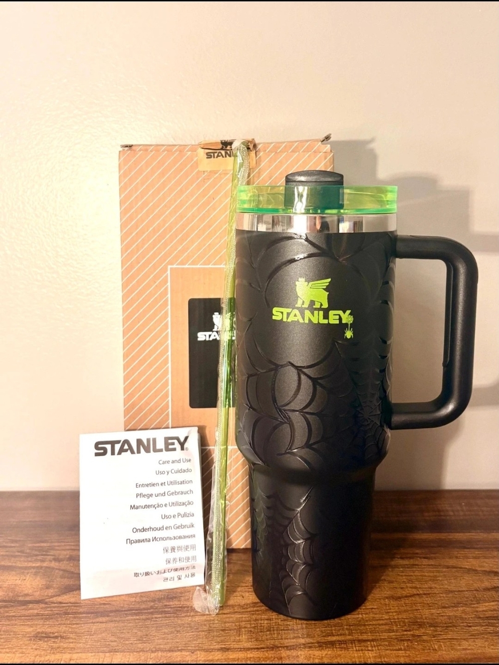 Stanley Black & Neon Green Travel Mug with Handle